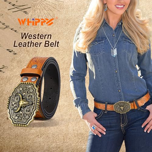WHIPPY Western Belt for Men Women Retro Removable Buckle Belt Cowboy Leather Belt for Jeans Pants2