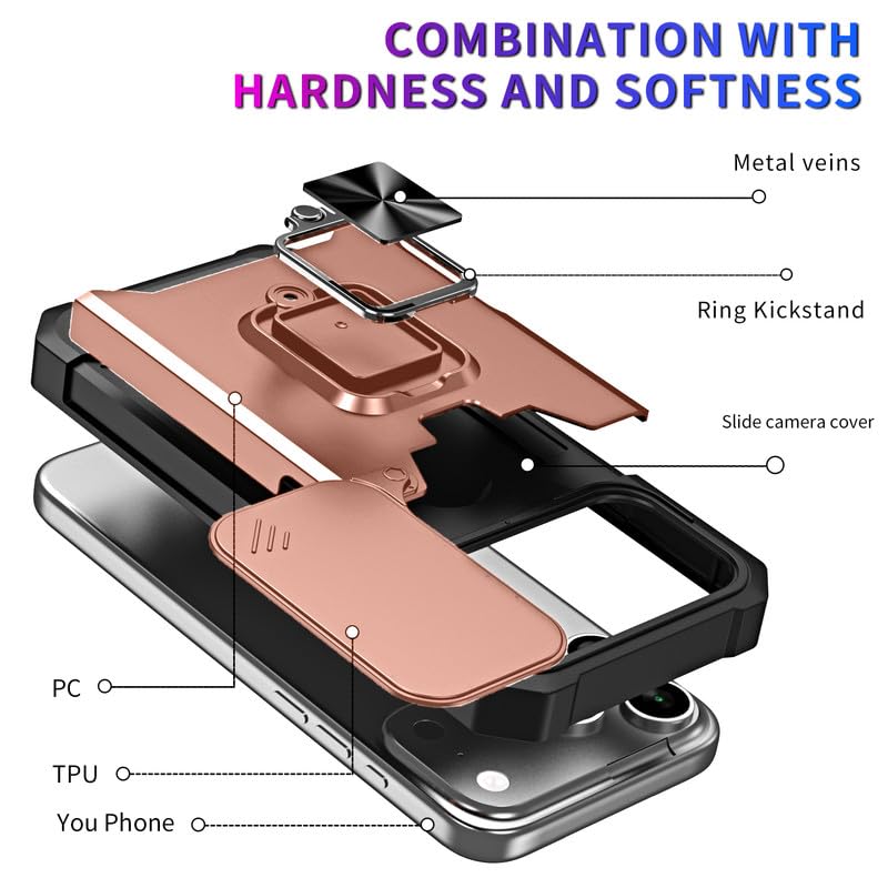 Image of LuxuryKase Shockproof Armor Case for iPhone 17 Pro Max | Slide Camera Cover | Hidden Card Slot | Rotating Ring Kickstand | Magnetic Car Mount Support | Military Grade Protection - Rose Gold