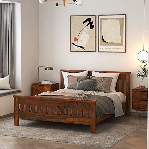 Image of King Size Leopard Sheesham Wood Platform Bed Without Storage (King Size (6.5 ft x 6 ft), Honey Finish)
