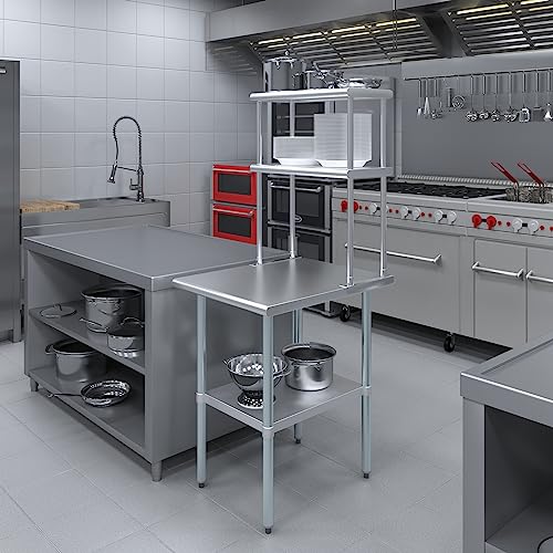 Image of AmGood Stainless Steel Work Table with 12 inch Wide Double Tier Overshelf | NSF (Stainless Steel Table with Double Overshelves, 24 inch Long x 30 inch Deep)