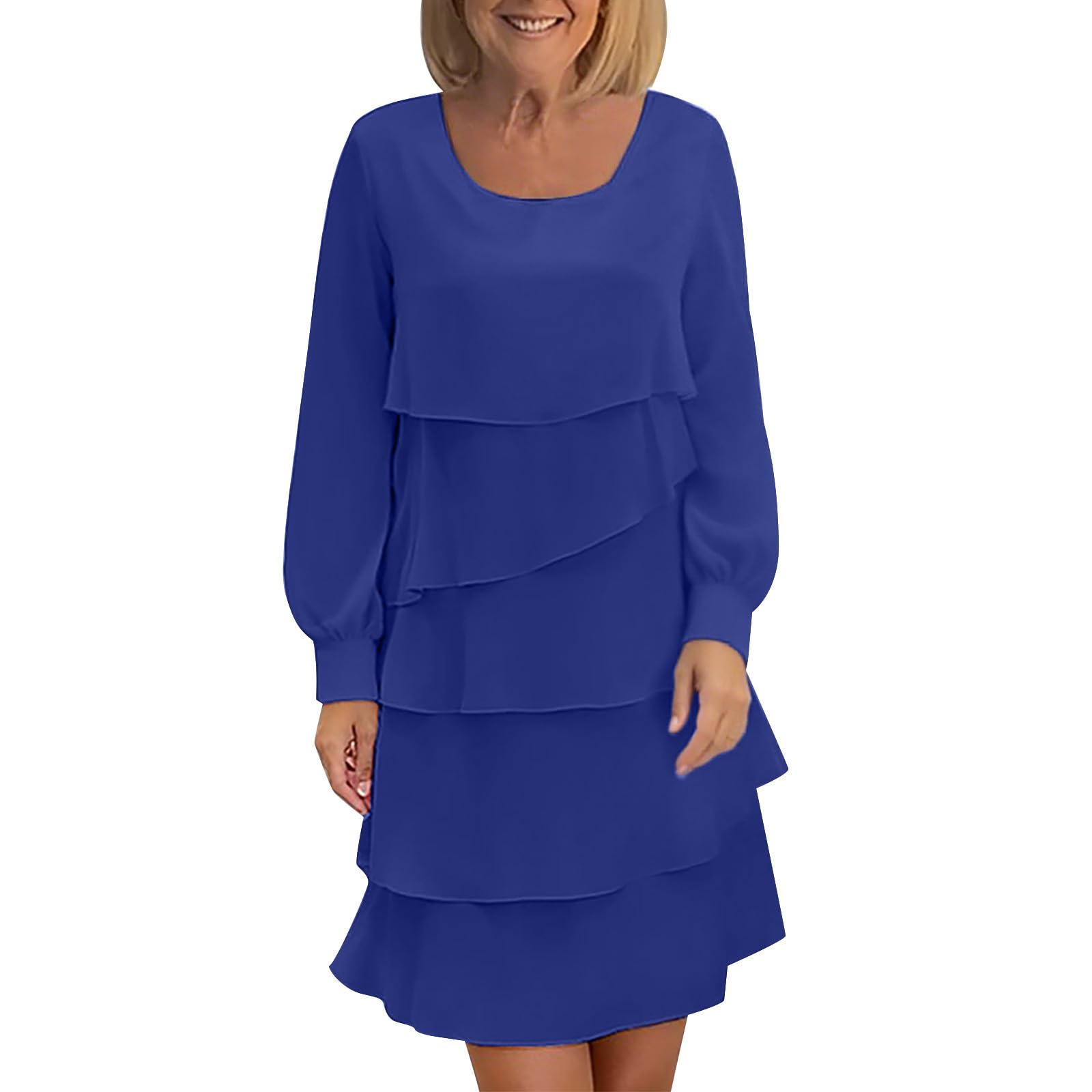 Womens Long Sleeve Crew Neck Ruffle Tiered Layered Chiffon Flowy Swing Long Midi Dress Casual Solid Color Dresses