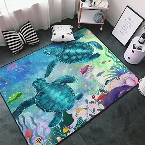 Soft Area Rug For Living Room,Sea Turtle Ocean Creature Landscape Underwater Fish Seaweed Jellyfish Coral,Large Floor Carpets Doormat Non Slip Washable Indoor Rugs For Bedroom Kids Room 3 X 5Ft #TOP1