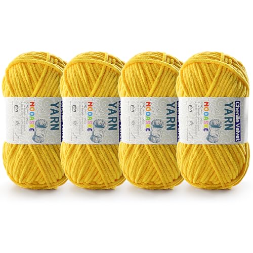 Image of 4 Pac Chenille Yarn for Crocheting - Blanket Yarn for Crocheting - Fluffy Yarn for Crochet, Baby Yarn for Crocheting Soft Blankets Weight Per Roll 50g /1.76oz, Length 60m /65yard (Golden Yellow)