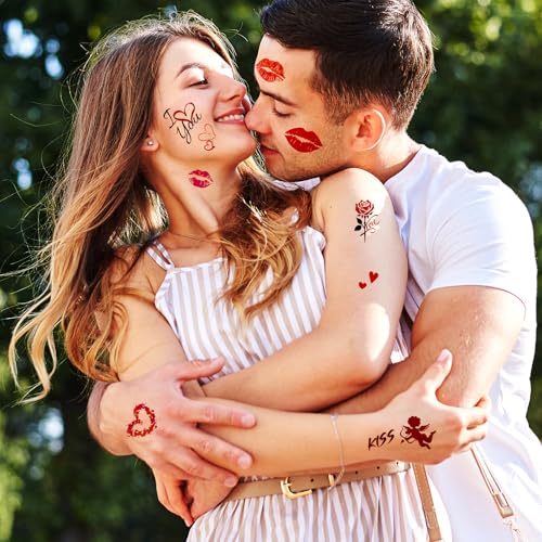 Image of 180 Pcs Large Size Valentine's Day Party Favors Kiss Lip Temporary Tattoos Stickers for Adult Women, 12 Sheets Bright Red Kiss Lip Print Fake Tattoos for Valentine's Day Costume Accessories