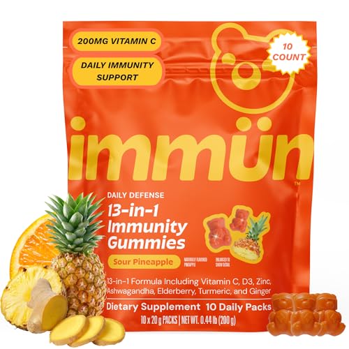 Grns Immun Immunity Gummies with Vitamin C Zinc MCT Oil & Turmeric - Daily Immune Support Supplement for Adults - Sour Pineapple Flavor (10 Count)