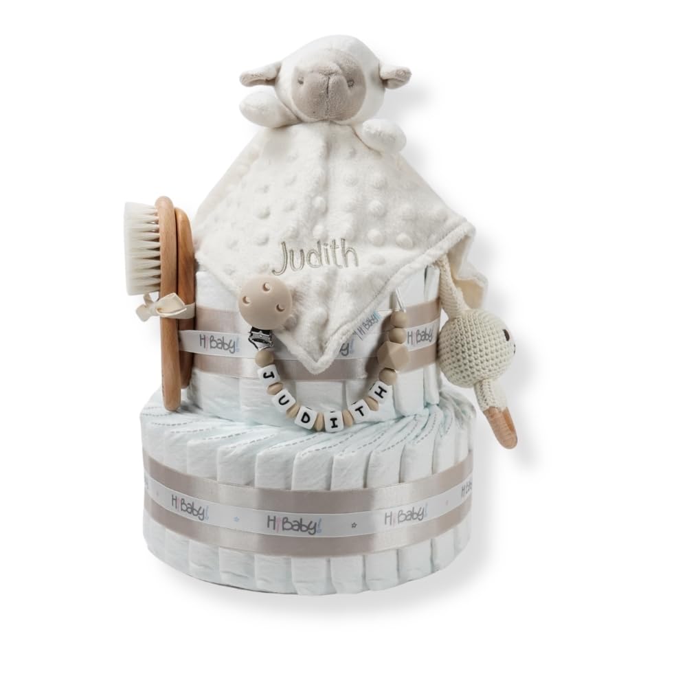 Tarta de pañales personalizada para bebé Baby Rattle, Regalo Original para Baby Shower, Recién Nacido, Bautizo, Pañales dodot Sensitive, Pastel de pañales (Beige)