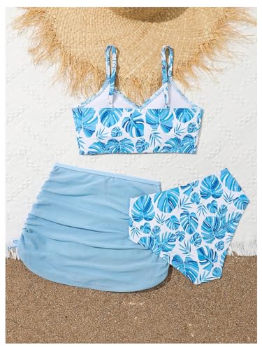 Image of WDIRARA Girl's 3 Piece Tropical Print Colorblock Bikini Swimwear Set with Side Ruched Mesh Beach Skirt Multicolor 10Y