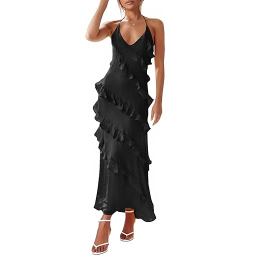Wenrine Womens Sexy Chiffon Halter Maxi Dress Sleeveless Backless Ruffle Tassel Party Club Dresses