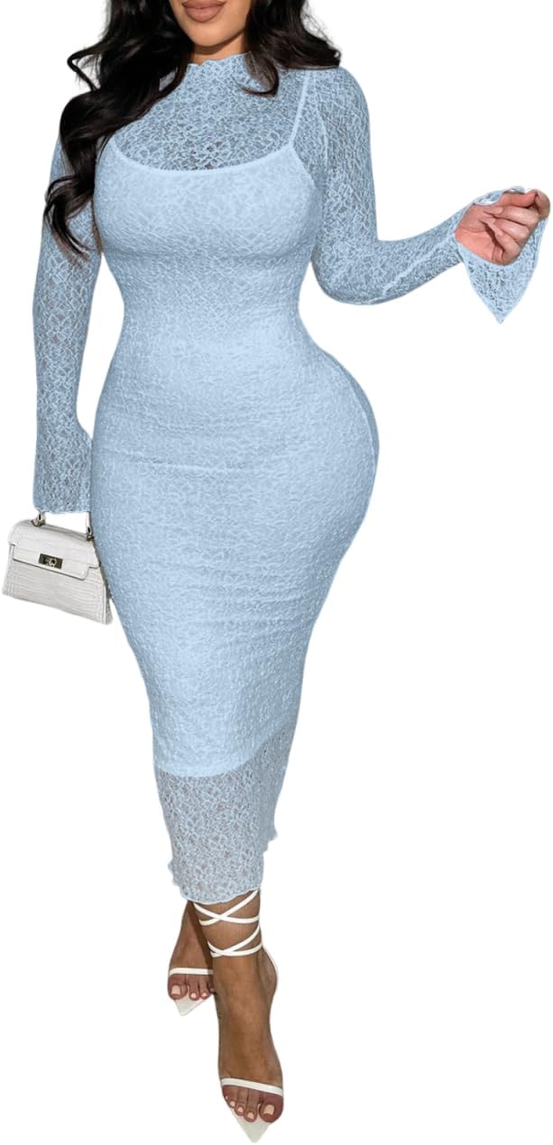 Women Sexy Long Sleeve Bodycon Midi Dresses See Through Lace Dress 2 Piece Dress Set Birthday Date Night Outfit