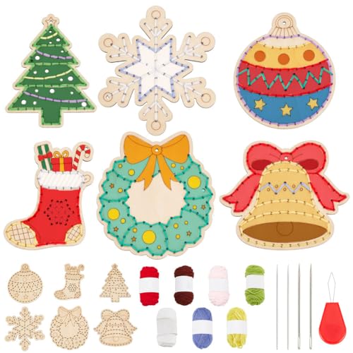 FREEBLOSS 6 Set Christmas Wooden Threading Kits First Sewing Kit Wooden Cross Stitch Kit Embroidery Sewing Board for Intellectual Development Activity
