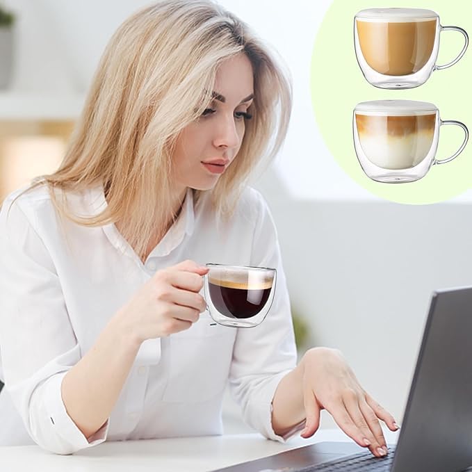 Image of PrimeWorld Double Walled Glass Coffee Mugs - Set of 2, 250ml | Hand-Blown Insulated Glass Cups with Handle | Clear Heat Resistant Mugs for Cappuccino, Latte, Americano, Tea & Beverages