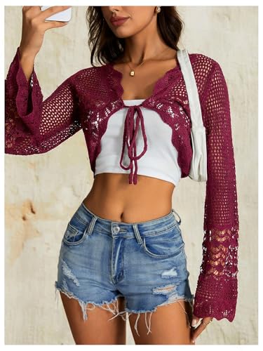 Image of OYOANGLE Women's Crochet Tie Front Sweater Cardigans Bell Sleeve Knitted Cropped Bolero Shrug Cardigan