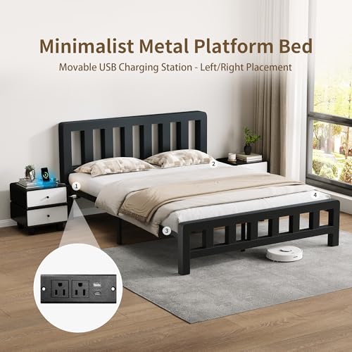 Image of Queen Size Metal Platform Bed Frame with Movable USB Charging Ports | 2000 Lbs Heavy Duty Noise-Free Steel Slats, 10 inch Under Bed Storage, Thickened Vertical Slatted Headboard, for Teens Dorm Adult