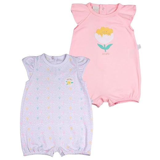 Macacao Bebe Suedine Menina Curto Estampado e Liso Kit Macacão Suedine Algodao Bolinhas e Flor 2 Pç - Rosa