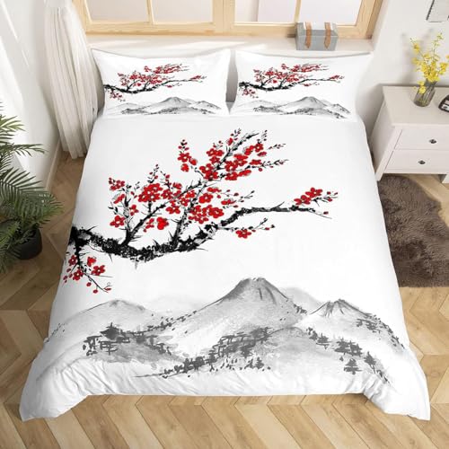 Homewish Housse de Couette 140x200 Japonaise, Ensemble de Literie Imprimé de Fleurs de Cerisier Rouges, Parure de Lit Mont Fuji, Couvre-Lit À Motif Peinture À L'Encre Noir et Blanc, 2 Pièces