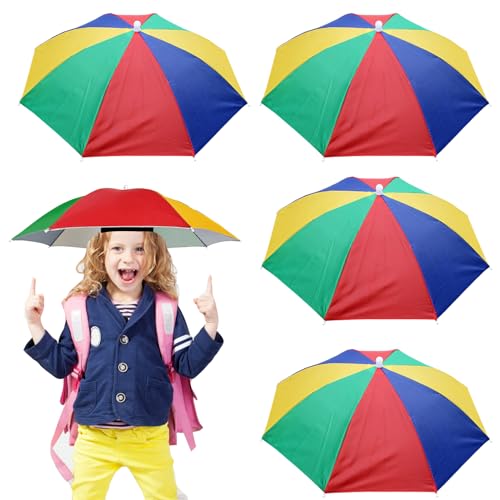 MUFEKUM 4 Pack 20.5' Hands-Free Rainbow Head Umbrella Hats for Kids Adult