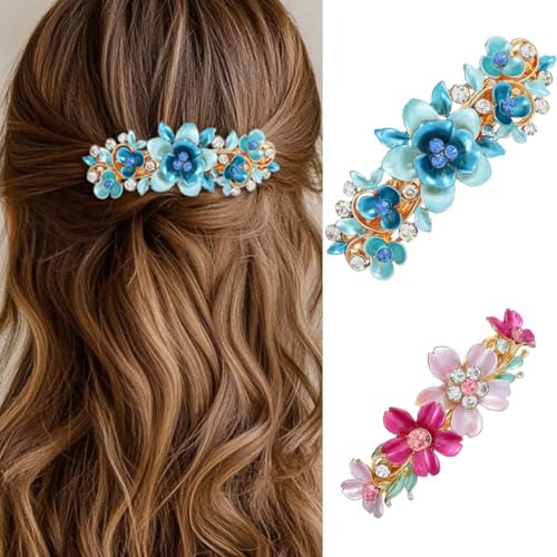 HEREAD Flower Gold French Barrette Hair Clips Leaf Hair Barrettes Rhinestone Vintage Hair Accessories for Women (Pack of 2) (Blue and Pink)