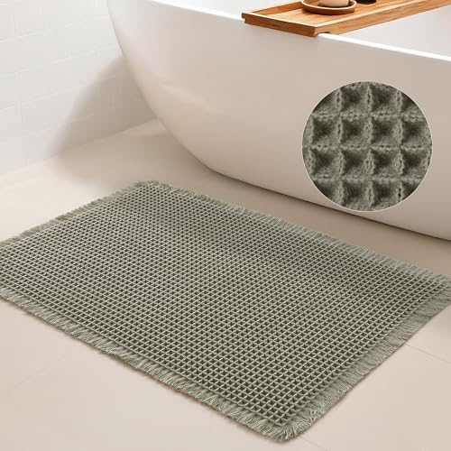 DWCN Olive Green Waffle Bathroom Mat, Boho Bath Rugs Super Absorbent Non Slip Bath Mats for Bathroom Floor, Ultra Soft Farmhouse Shower Mats for Tub and Shower, 20 x 32 Inch