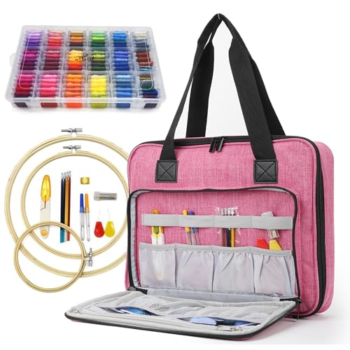 Image of ATTERET Full Range Embroidery and Cross Stitch Starter Kit with Premium Storage Organizer Bag, Includes 99 DMC Coded Cotton Threads, 9 Metallic Floss, 3 Hoops, Needles, Scissors + More (Pink)