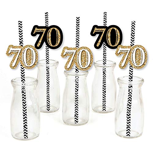 Adult 70th Birthday - Gold - Paper Straw Decor - Birthday Party Striped Decorative Straws - Set of 24
