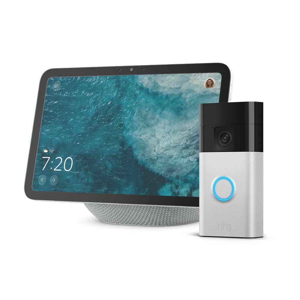 Amazon Echo Show 8 (última generación), blanco + Ring videotimbre con batería (Battery Video Doorbell) (2024), níquel satinado