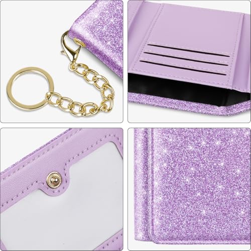 Image of Trifold Small RFID Blocking Wallet Pocket Cute Short Slim Sparkling Credit Card Holder Leather Keychain Ladies Mini Purse with ID Window, Glitter Purple