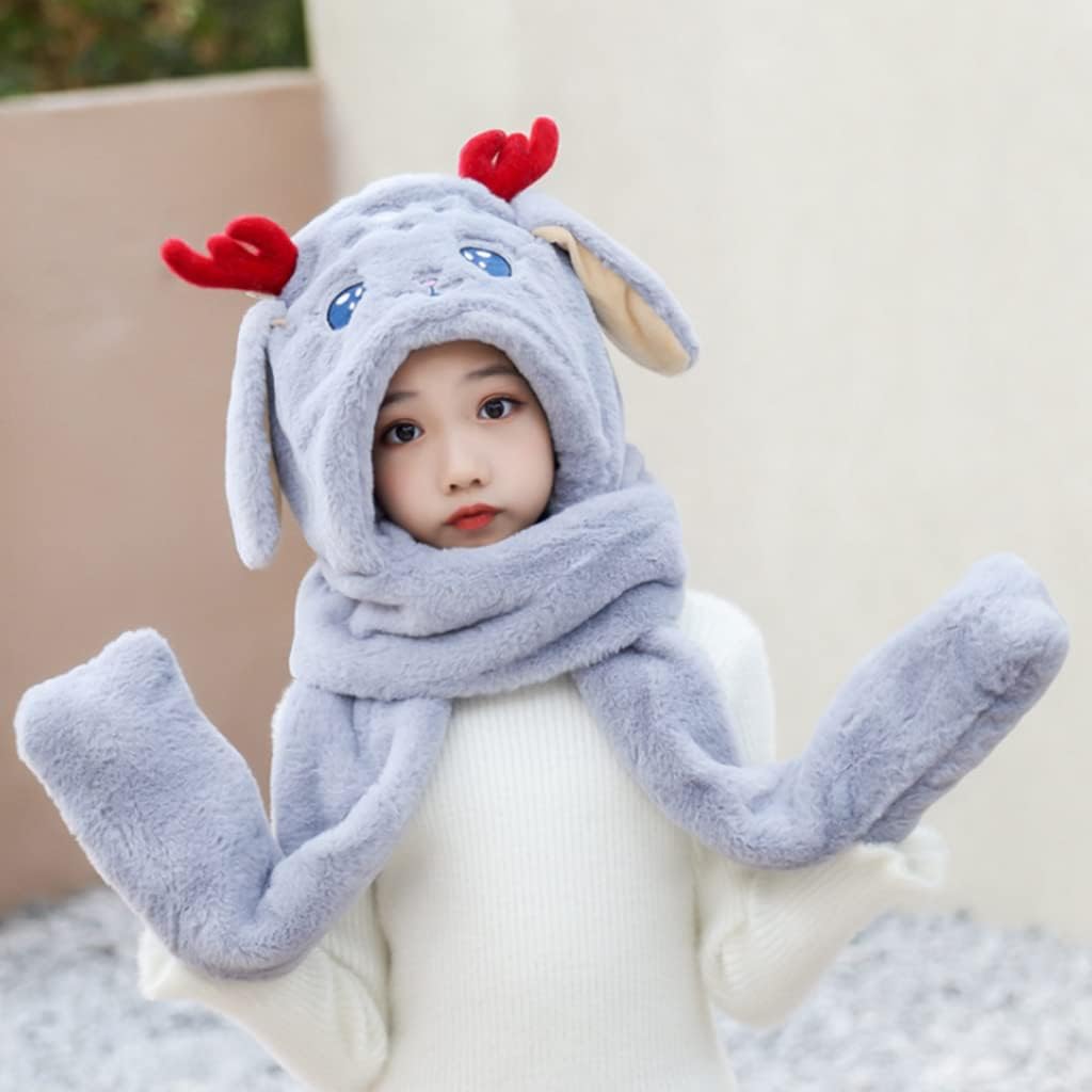 Scarf,Buckhorn Deer Moving Ears Winter Hat Scarf Gloves Set For Girl Hooded Scarf Deer Cap Plush Scarf With Pocket Scarf(Khaki)