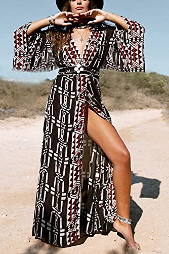 Women's Bohemian Cardigan Maxi Dress Beach Coverup Robe Long Kimono Robs One Size2