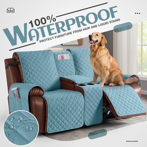 Image of KinCam 100% Waterproof Recliner Loveseat Cover with Console, Non-Slip Reclining Couch Covers for 2 Seat, Recliner Sofa Cover Furniture Protector with Elastic Straps for Kids, Pets, Light Blue