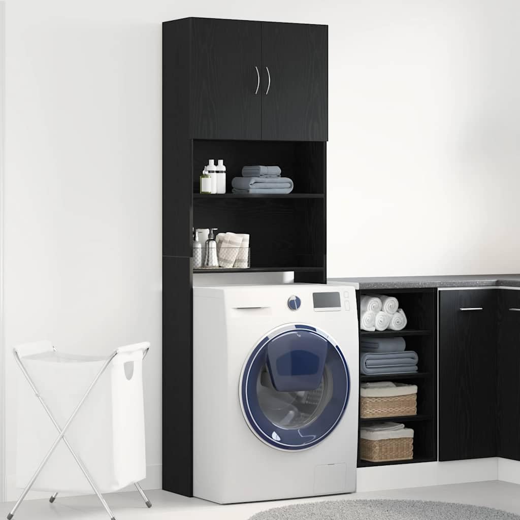 Armario para lavadora de madera de roble negro, 64 x 24 x 190 cm, con 2 puertas y 2 compartimentos abiertos, compartimento para lavadora de 88,5 cm