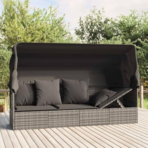 Willood Outdoor Loungebett mit Dach und Kissen Gartensofa Grau Poly Rattan