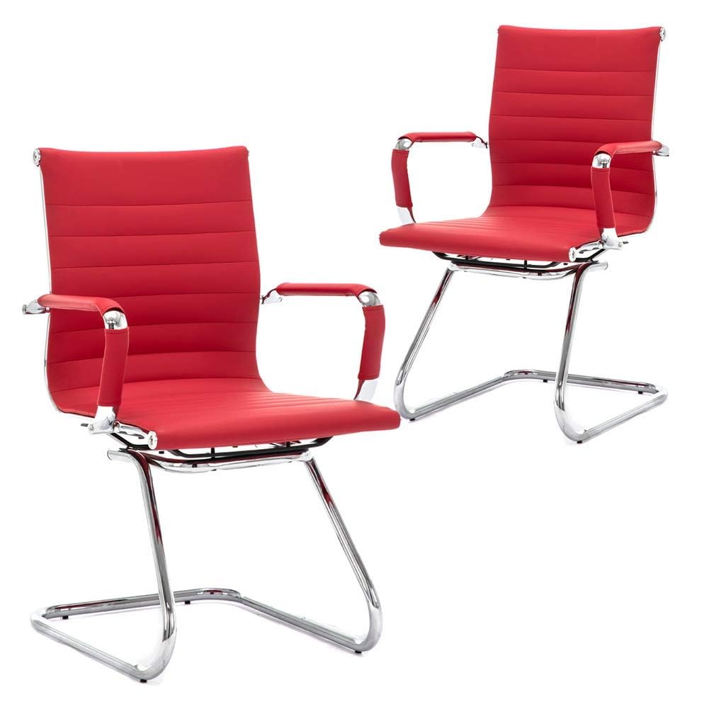 No Wheels Reception Chairs Waiting Room Chair Leather Conference Chairs Back Support Heavy Duty Office Chair with Arm, Set of 2 (Deep Red)