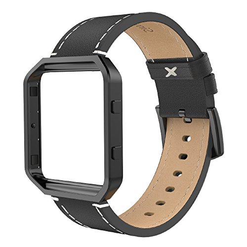 Simpeak Leather Band with Case Frame Compatible with Fitbit Blaze Smartwatch, Large Size with Frame, Genuine Leather Band Replacement for Fitbit Blaze, Black+Black Metal Frame