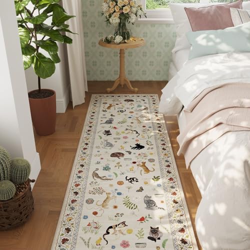 Runners for Kitchen Runner Rug Non Slip 2'x10' Long Washable Rugs with Rubber Backing Soft Floral Animal Cat Carpet Runner for Kitchen Laundry Bedroom Bathroom, Beige