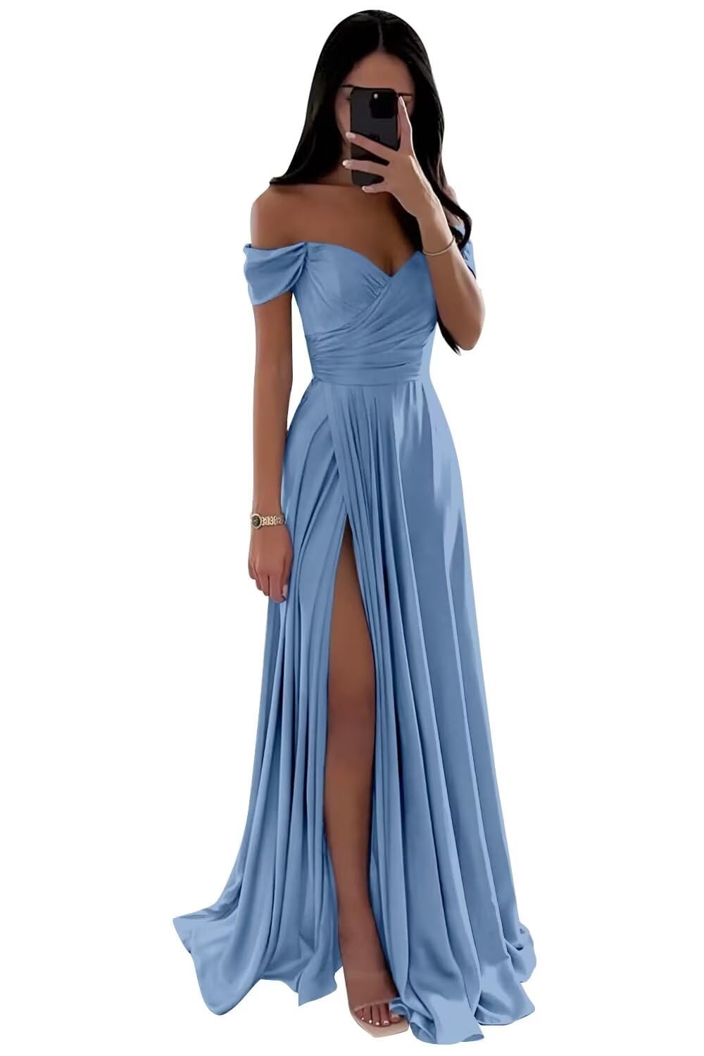 SoDigne Women's Off The Shoulder Bridesmaid Dresses with Slit Long Satin Formal Evening Party Gowns