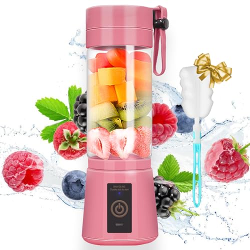 Smoothie Blender Portable (380ml), Personal Mini Blender for Shakes, 13Oz Mini Blender Upgrade The 6-Blade, Cup with Rechargeable USB Electric Individual Small Blender(Pink)