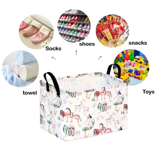 Image of Storage Basket Home Shelf Basket Organizer Box Clothes Laundry Hamper Nursery Bin Gift Laundry Basket with Handles Rectangle Farm Pattern for Home