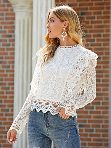 Floerns Women's Ruffle Trim Lace Scalloped Hem Long Sleeve Blouse Tops White L #TOP2