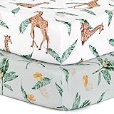 BROLEX 2 Pack Mini Crib Sheets, Stretchy Portable Fitted Playard Sheet Set, Convertible Playard Mattress Cover, Ultra Soft Breathable Material, Giraffe Leaf