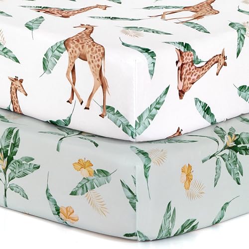 BROLEX 2 Pack Mini Crib Sheets, Stretchy Portable Fitted Playard Sheet Set, Convertible Playard Mattress Cover, Ultra Soft Breathable Material, Giraffe Leaf