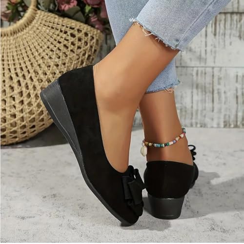 Womens Low Wedge Heels Slip On Shoes Mary Jane Flats Fashion Solid Color Suede Bowknot Round Toe Comfortable Casual Ballet Dress Shoes for Ballerina Office Work Walking Business3