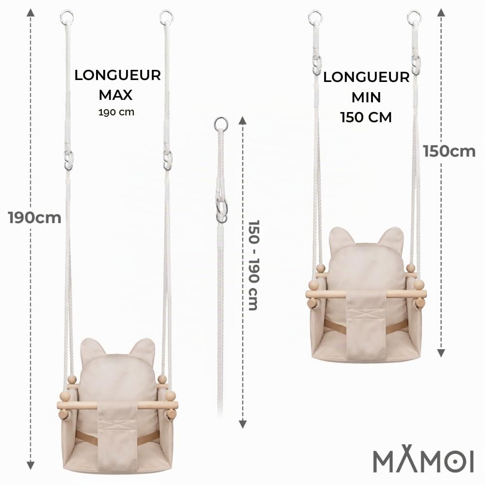 MAMOIBalançoire avec Ceinture de sécurité, Hauteur réglable 150–190 cm, Construction Stable, siège en Velours, Montage Facile, balançoire intérieure