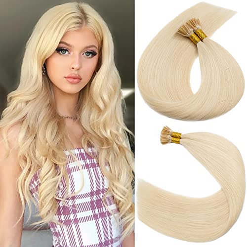 S-Noilite Pre Bonded I Tip Hair Extensions Human Hair Bleach Blonde Cold Fusion Hair Stick Tip Remy Human Hair Piece Invisible Italian Keratin Glue 100 Strands/50G 16 Inch #613 Bleach Blonde #TOP20