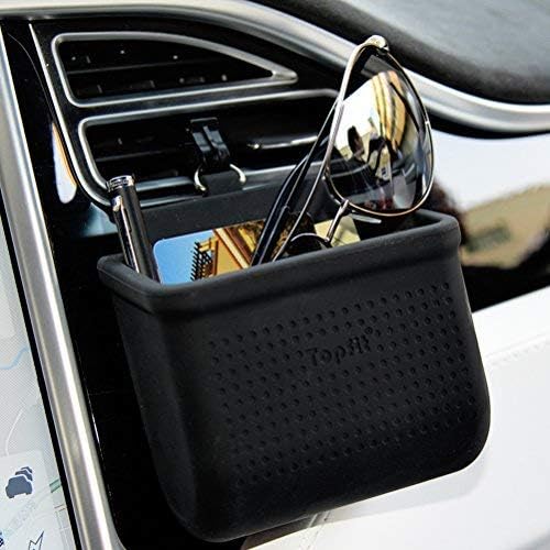 BMZX Car Air Vent Cell Phone Holder Car Mount Phone Holder Pocket Organizer Car Cradle Mount Pouch Bag Box Tidy Storage Coin Key Case Sunglasses Organizer with Hook- Black
