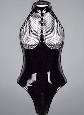 Women Wetlook Patent Leather Lingerie Set Halter Neck Fishnet Bust Zipper Crotch Leotard Bodysuit Teddy Lingerie, Womenโs Faux Leather Outfit with Metal Chain Club Latex Cosplay Costume