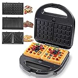 Aigostar Sandwich Maker Panini Press Grill, 3 in 1 Waffle Maker with Removable Non-stick Plates, Electric Grilled Cheese Maker, Portable Cool Touch Handle, Led Indicator Lights & Easy to Clean, 750W