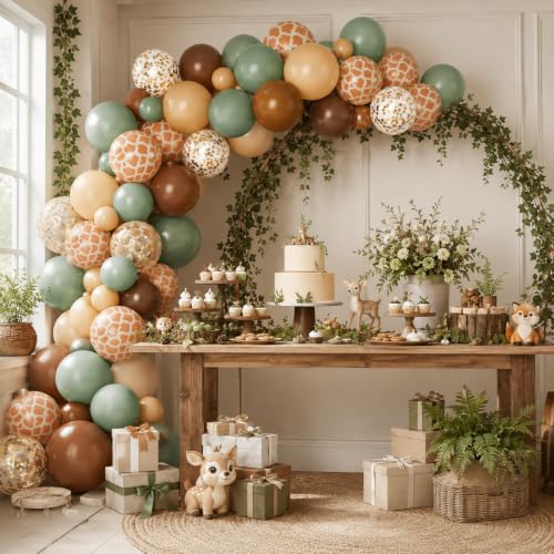 Image of Green and Brown Balloons, 12 Inchs Sage Green Deer Print Gold Confetti Balloons for Kids Woodland Baby Shower Decorations Safari Jungle Dinosaur Theme Birthday Party Wedding Grauation Supplies