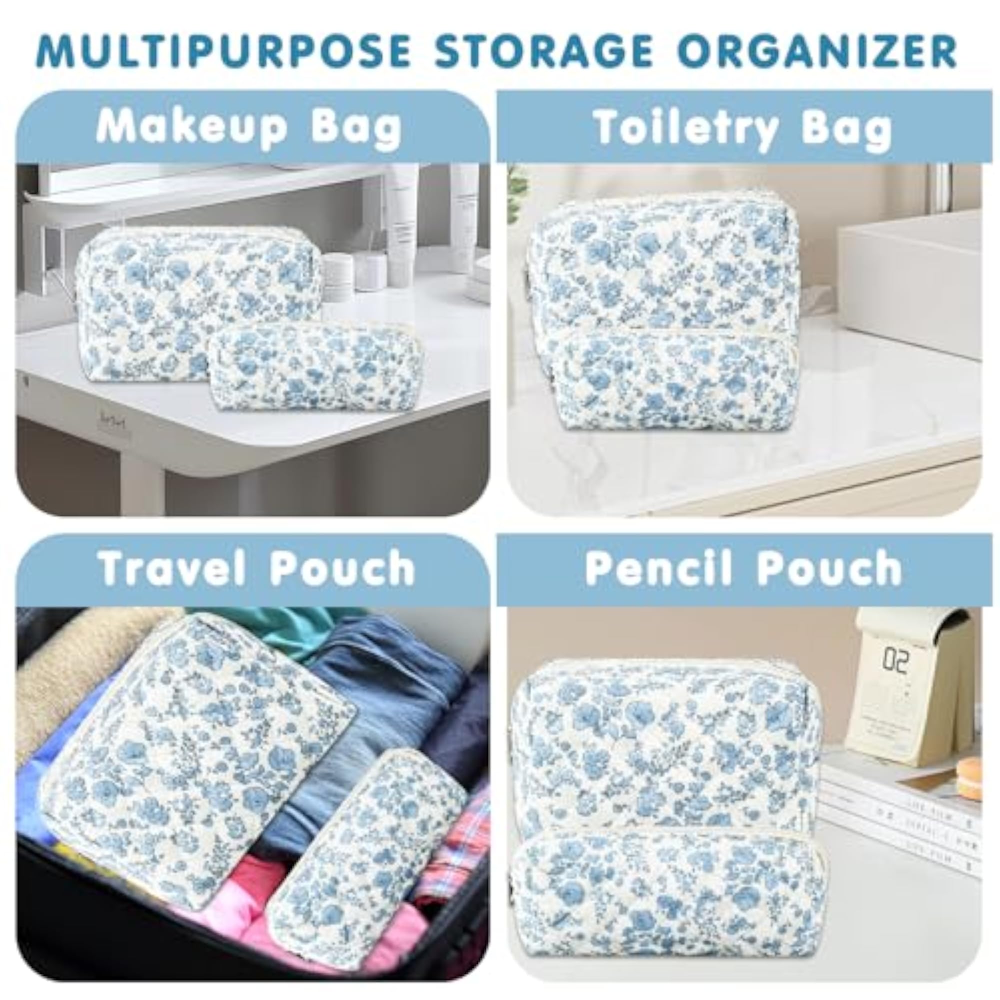 2Pcs Cotton Quilted Makeup Bag Set for Women