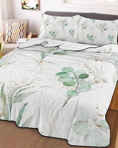 3-Piece Summer Quilt Full Size, Green Leaves Lightweight Cooling Bedding Comforter Blanket with 2 Pillow Shams, Simple Watercolor Eucalyptus Plants Herbs Bedspreads Quilted Coverlet Sets 78