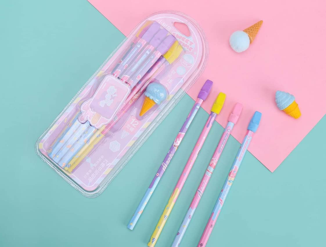 Krupasadhya 12 Pcs HB Pencil Set || Pencil With Ice Cream Shaped Eraser || Unique Pencil Kit For Girls & Boys || Ideal For Kids Return Gifting || - Pack of 1 3